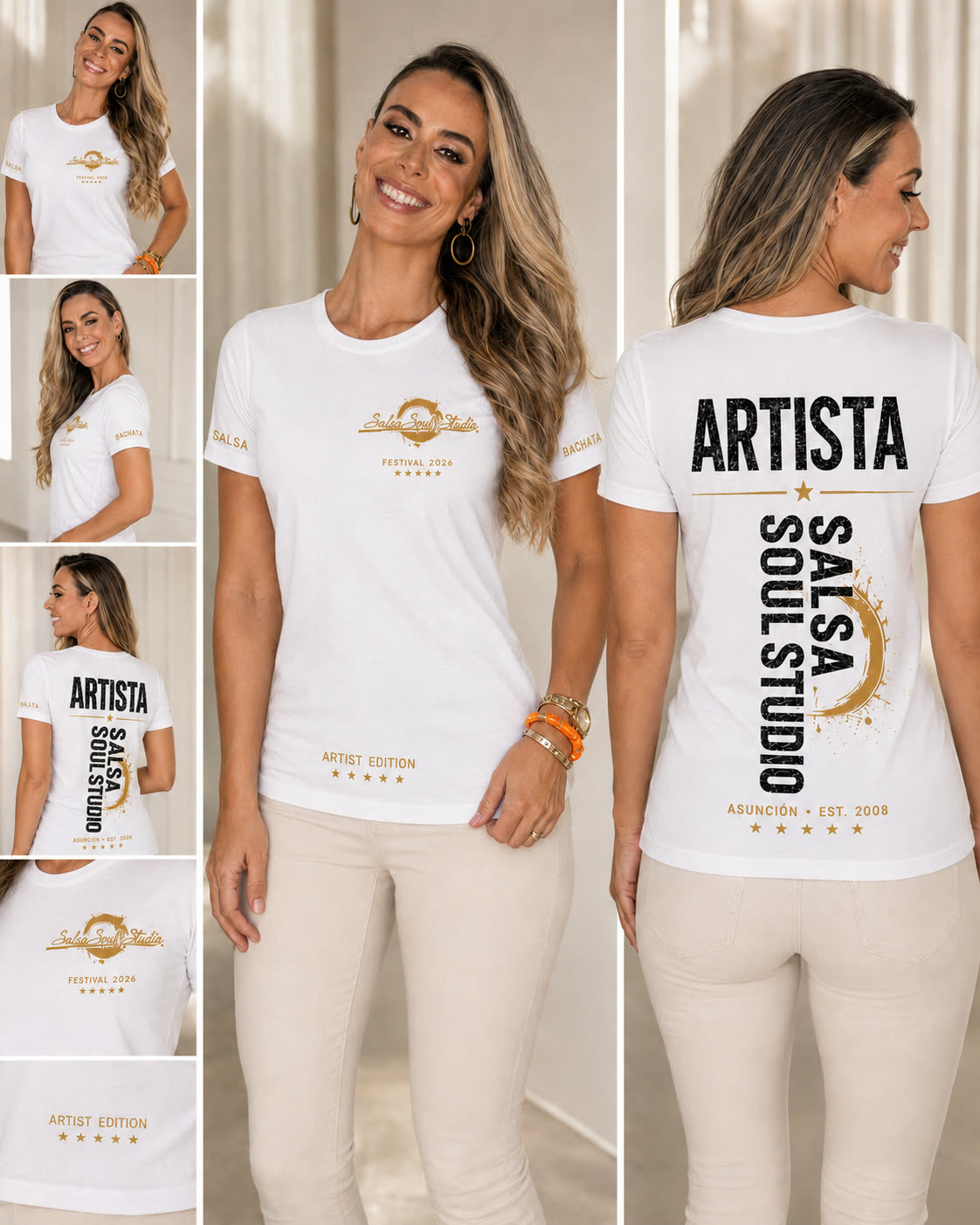 Chica con la remera básica blanca del festival