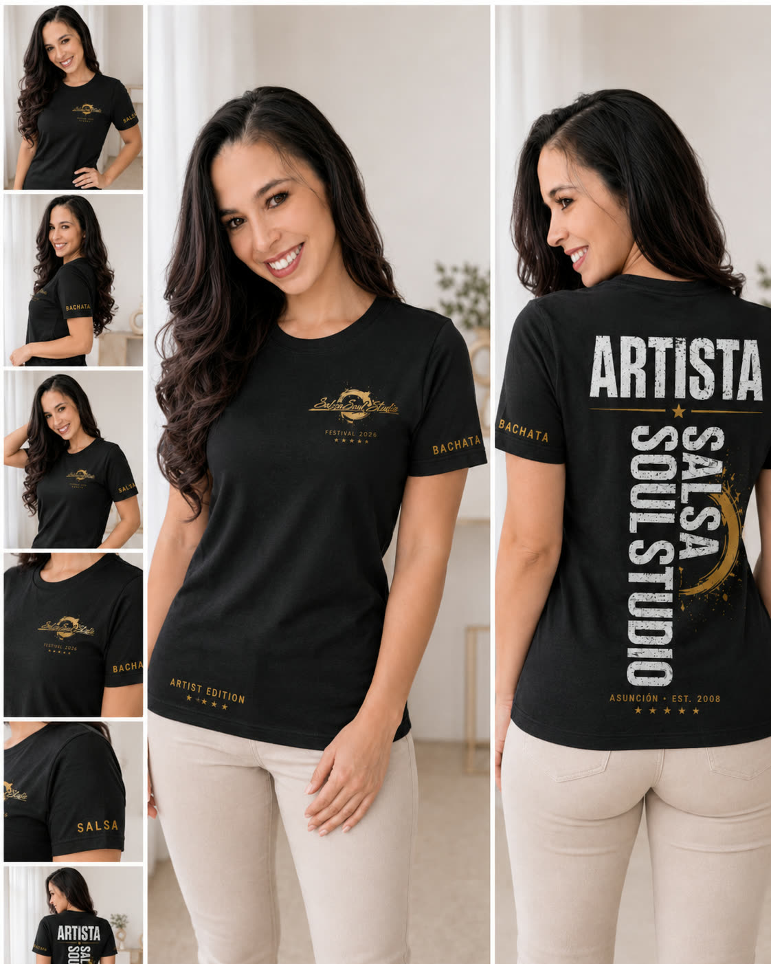 Chica con la remera básica negra del festival